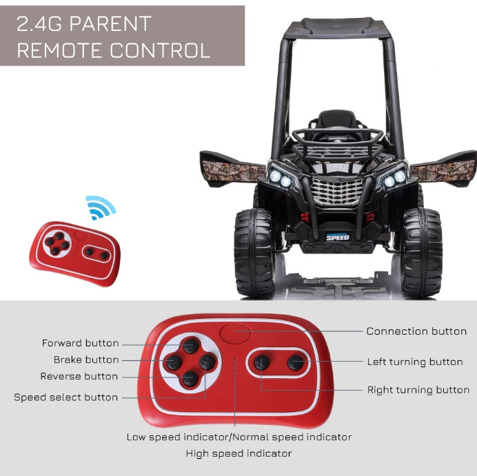 12V Kids Off-Road UTV Electric Ride On Car Black Camouflage High Roof Remote Control Lights MP3 Adventure Toys