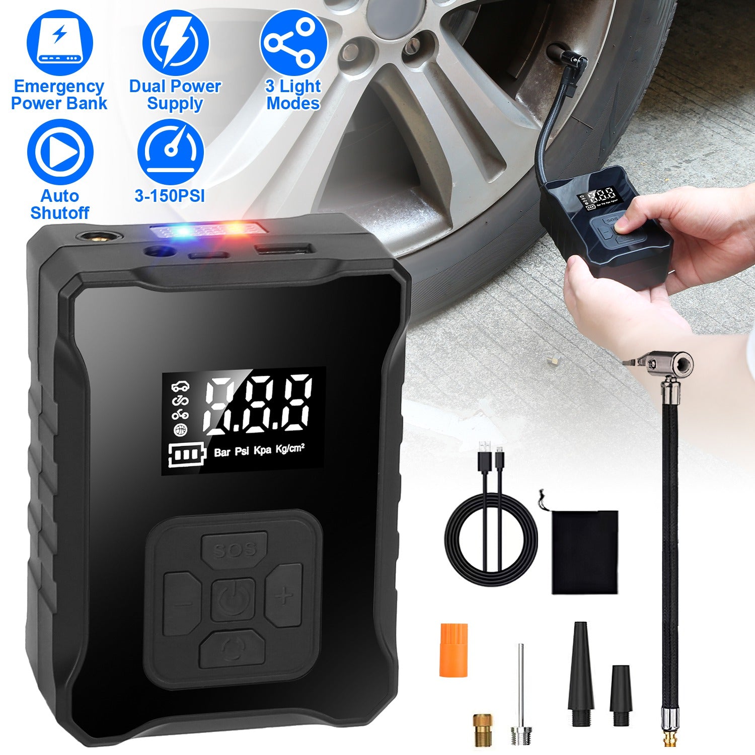 1Pc 150PSI Cordless Tire Inflator Digital Air Compressor With LED Light Emergency Power Bank For Cars Motorcycles Bicycles Balls