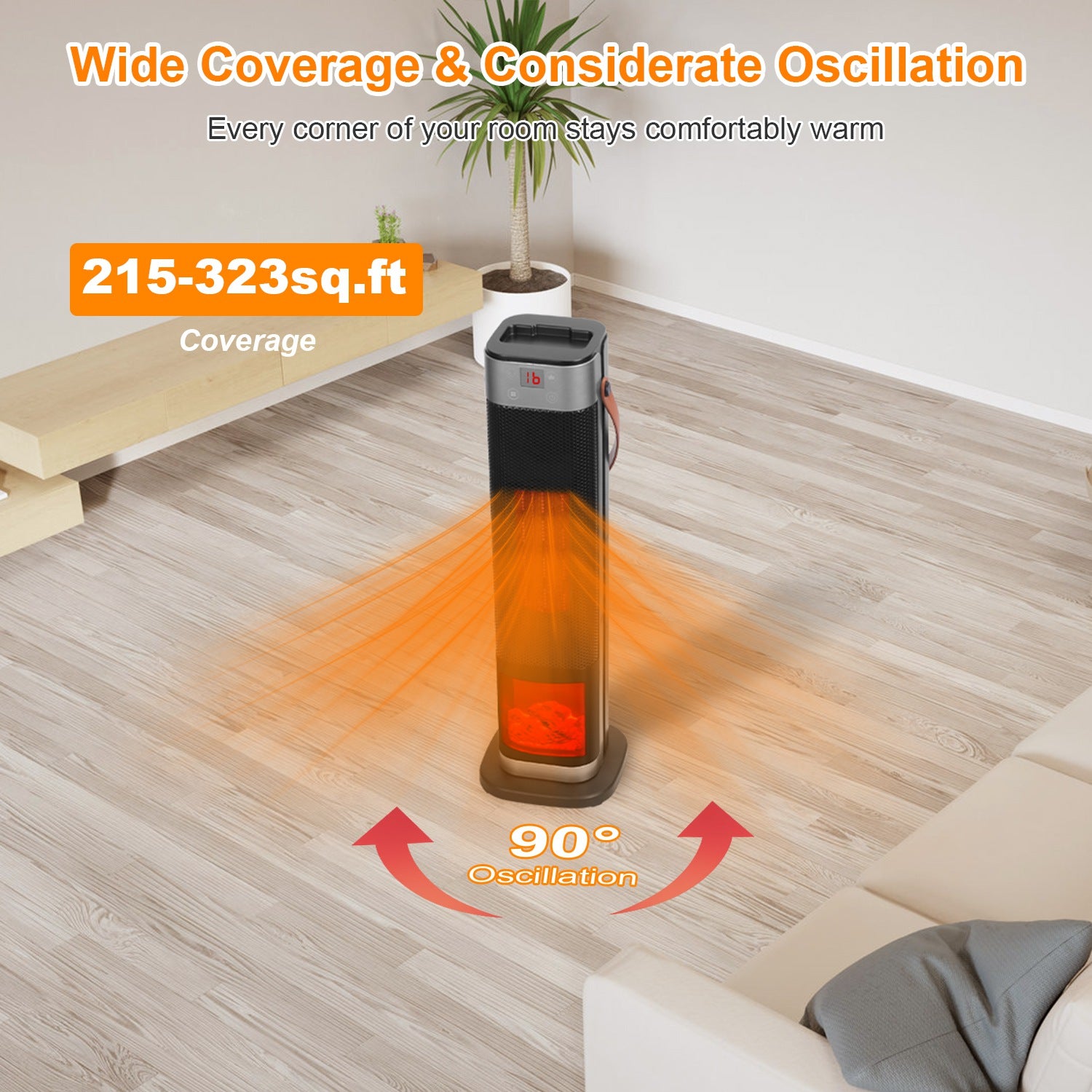 1Pc 1500W Oscillating Ceramic Tower Space Heater With 3D Flame Portable Electric Heater With 3 Wind Mode Heating Remote Control 12H Timer Overheat Tip-Over Protection For Bedroom Office