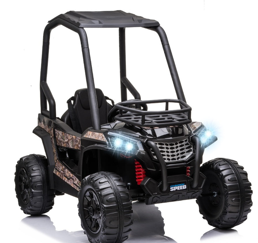 12V Kids Off-Road UTV Electric Ride On Car Black Camouflage High Roof Remote Control Lights MP3 Adventure Toys