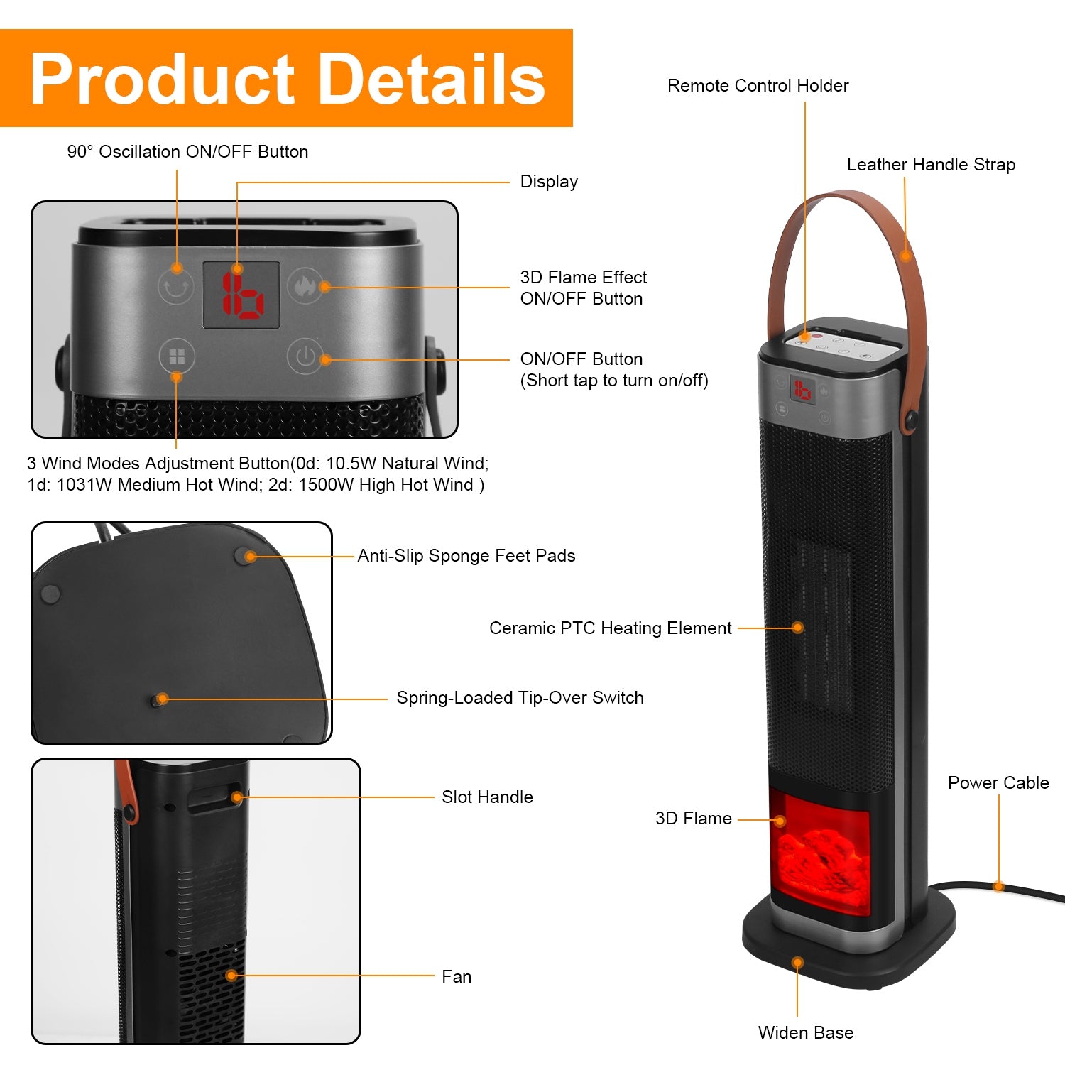 1Pc 1500W Oscillating Ceramic Tower Space Heater With 3D Flame Portable Electric Heater With 3 Wind Mode Heating Remote Control 12H Timer Overheat Tip-Over Protection For Bedroom Office