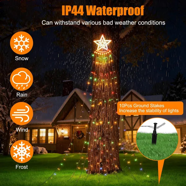 1Pc 11.48FT 350LED Multicolored Christmas Star Waterfall Tree String Light Indoor Outdoor Waterproof String Lights With Star Topper 8 Light Modes Memory Function For Holiday Wedding Yard Party Home