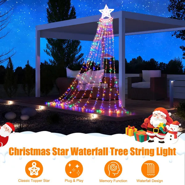 1Pc 11.48FT 350LED Multicolored Christmas Star Waterfall Tree String Light Indoor Outdoor Waterproof String Lights With Star Topper 8 Light Modes Memory Function For Holiday Wedding Yard Party Home