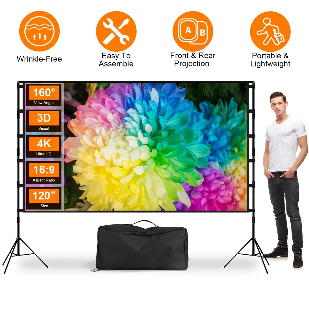 100inch/120inch Options Projector Screen With Stand 16:9 4K HD Rear Front Wrinkle-Free Portable And Foldable Movie Screen With Carry Bag For Indoor Outdoor Home Theater Backyard Cinema